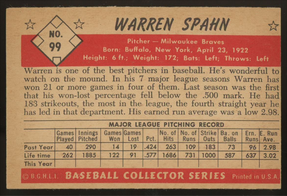 1953 Bowman Color Warren Spahn #99 VG/EX OC