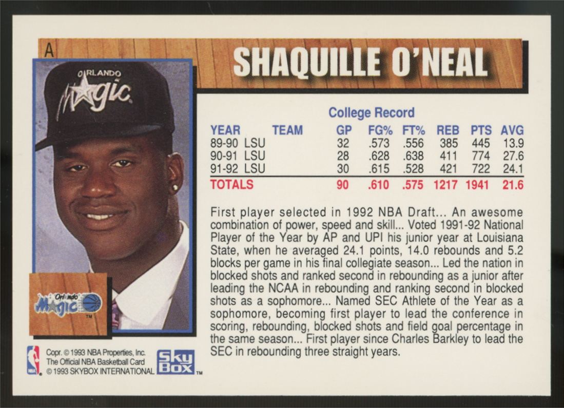 1992-93 Skybox NBA Hoops Shaquille O'Neal RC Draft #A