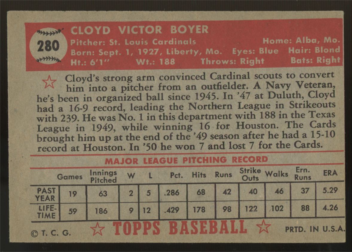 1952 Topps Cloyd Boyer #280 NM