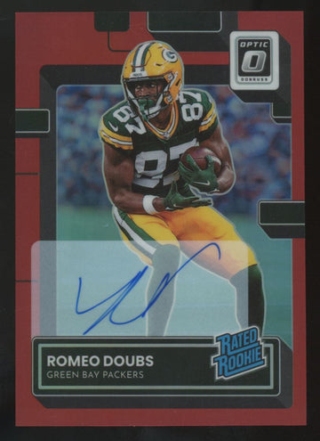 2022 Panini Donruss Optic Romeo Doubs RC Rated Rookie Red Auto /75 #235