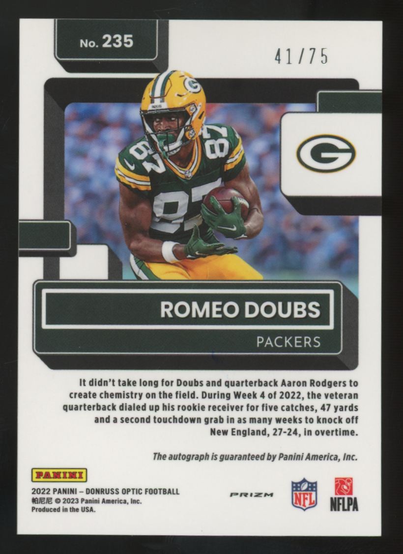 2022 Panini Donruss Optic Romeo Doubs RC Rated Rookie Red Auto /75 #235