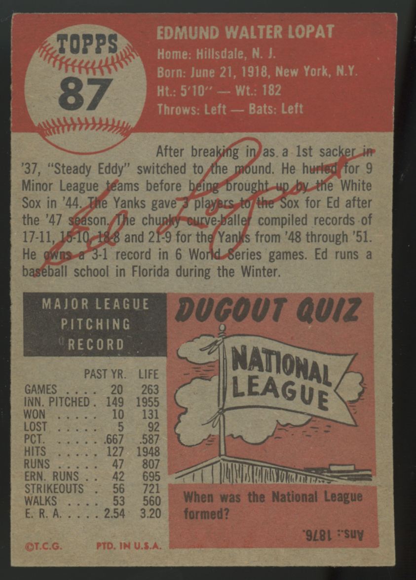 1953 Topps Ed Lopat #87 EX/MT Centered
