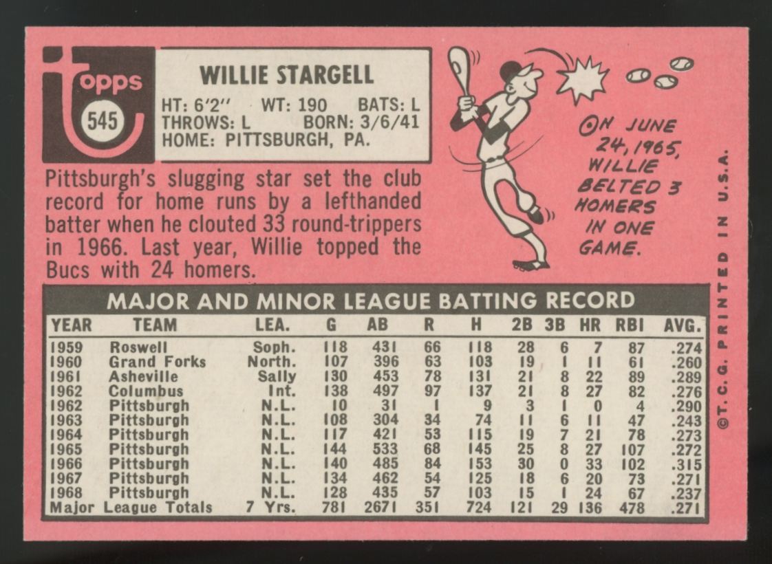 1969 Topps Willie Stargell #545 NM "A"