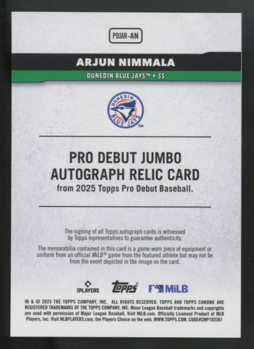2025 Topps Pro Debut Arjun Nimmala Jumbo Patch Auto Blue /150 #PDJAR-AN