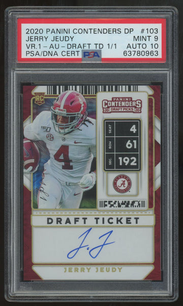 2020 Panini Contenders Draft Jerry Jeudy RC Draft Ticket Auto 1/1 #103 PSA 9 10