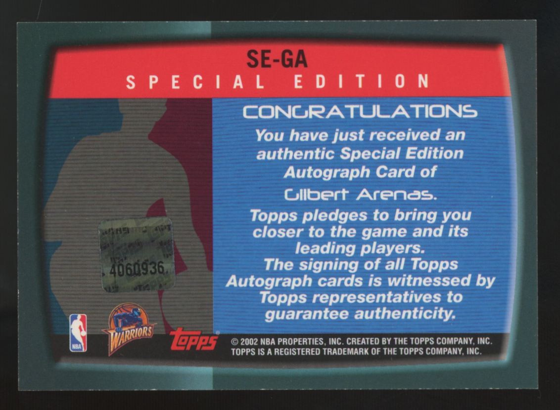 2002-03 Topps Certified Autograph Gilbert Arenas Special Edition Auto #SE-GA
