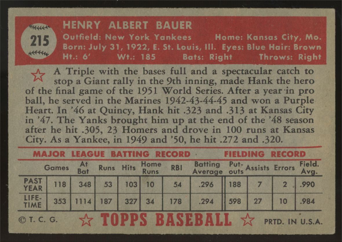 1952 Topps Hank Bauer #215 VG/EX
