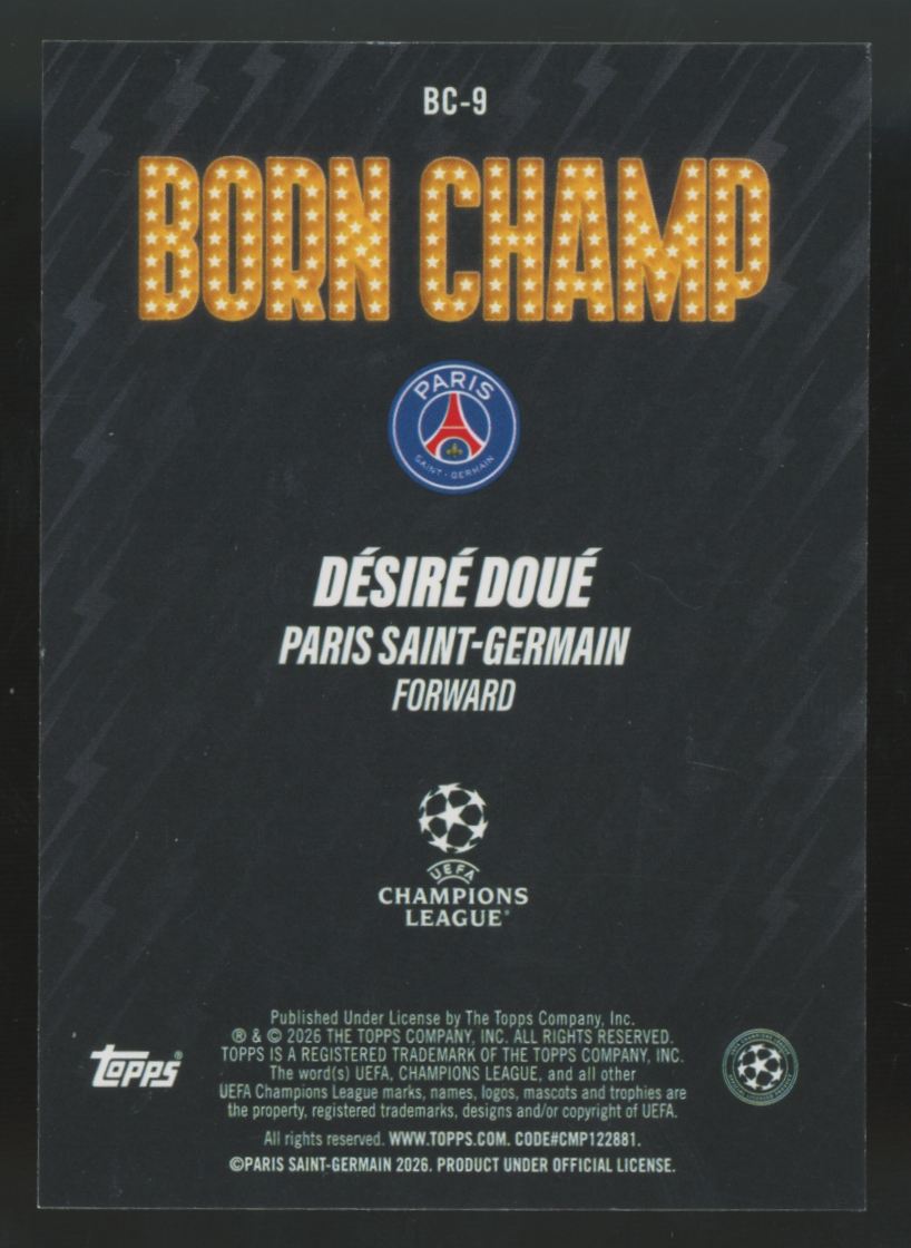 2025-26 Topps UEFA Club Desire Doue Born Champ Gold Foil /50 #BC-9