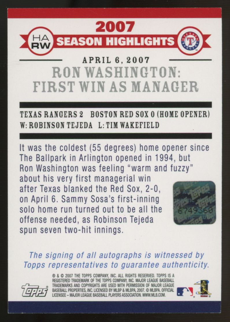 2007 Topps Updates And Highlights Ron Washington First Win Auto #HA-RW