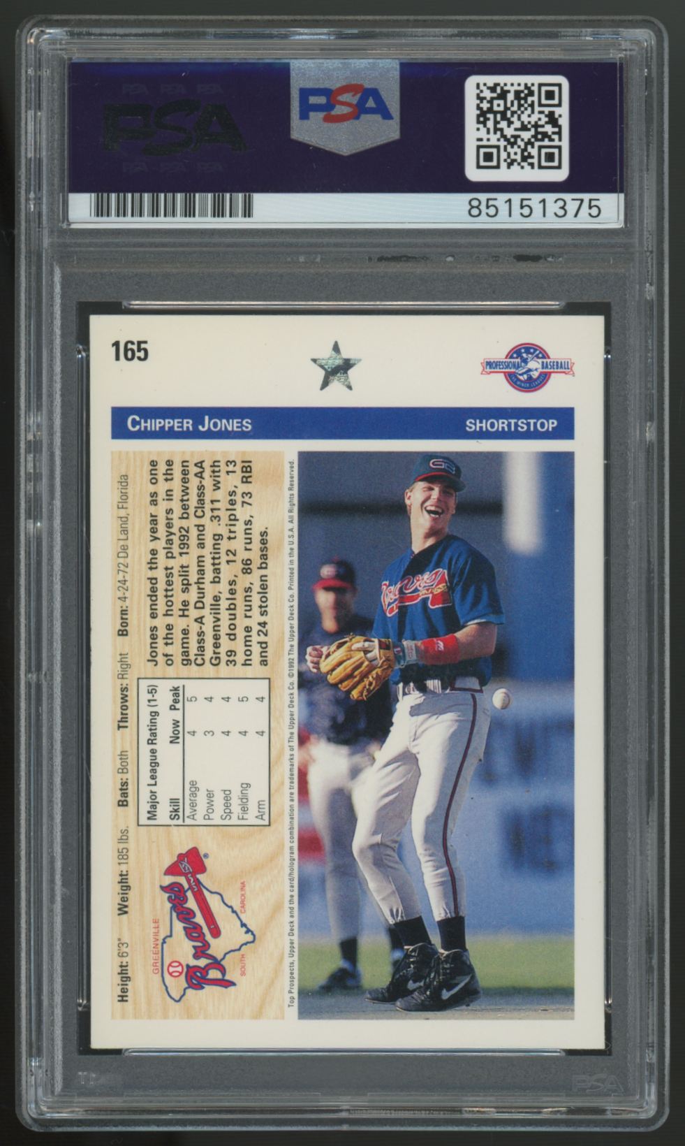 1992 Upper Deck Chipper Jones Signed Auto #165 PSA/DNA Authentic Auto