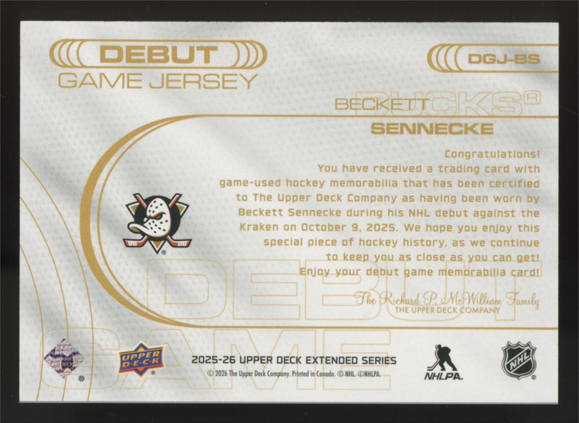 2025-26 Upper Deck Extended Beckett Sennecke RC Debut Game Jersey Patch #DGJ-BS