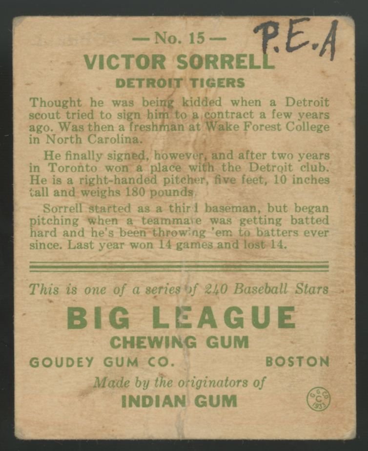 1933 Goudey Victor Sorrell #15 Poor (MK)