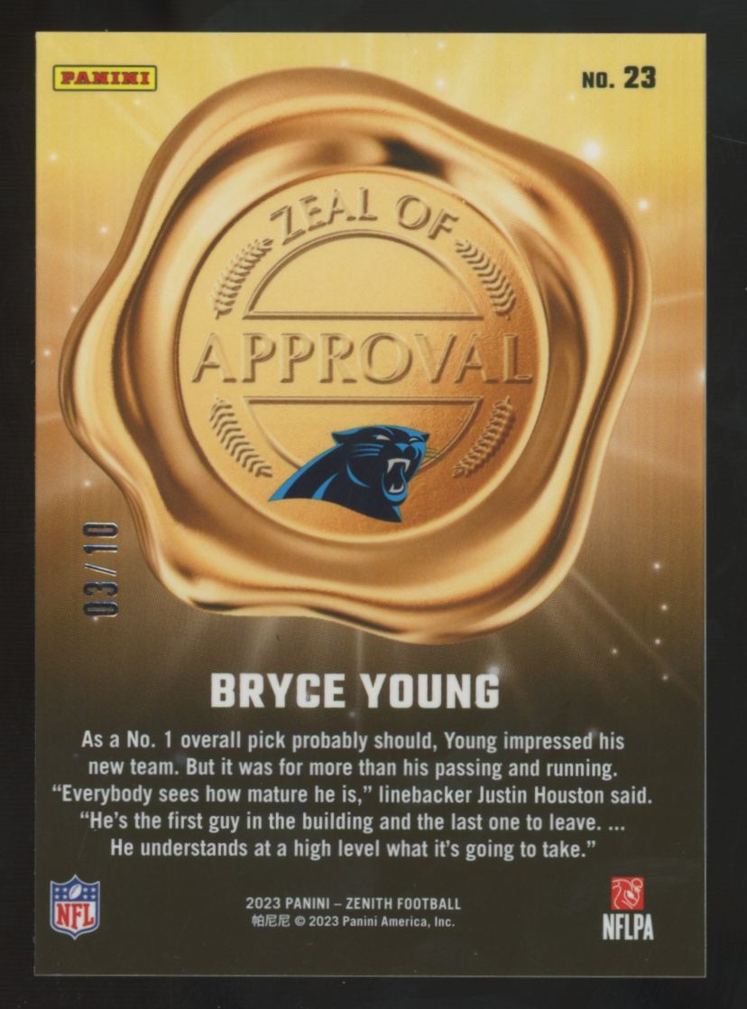 2023 Panini Zenith Bryce Young RC Gold Zeal Of Approval /10 #23