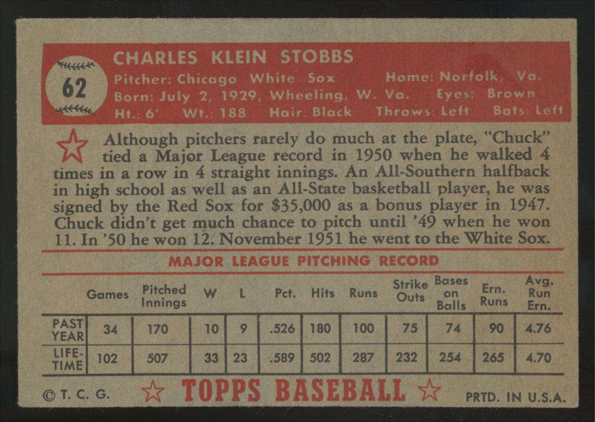 1952 Topps Chuck Stobbs RC #62 VG
