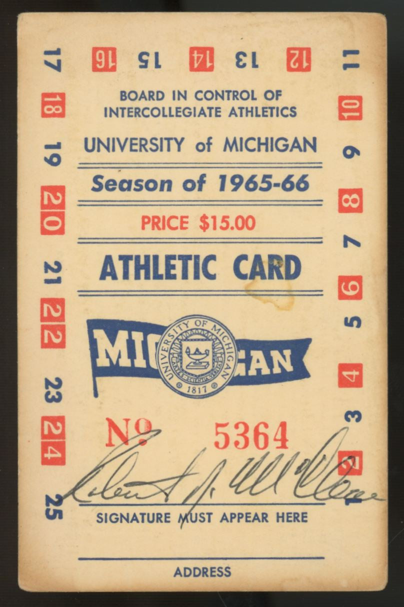 1965-66 University Of Michigan Athletic Card Season Ticket Pass
