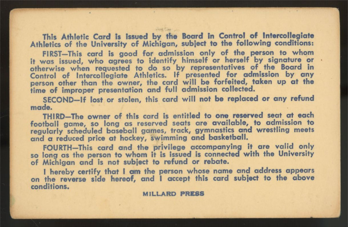 1965-66 University Of Michigan Athletic Card Season Ticket Pass