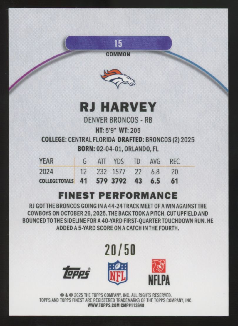 2025 Topps Finest RJ Harvey RC Gold W/ Coating /50 #15
