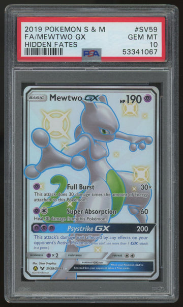 2019 Pokemon Mewtwo GX Hidden Fates Full Art #SV59 PSA 10
