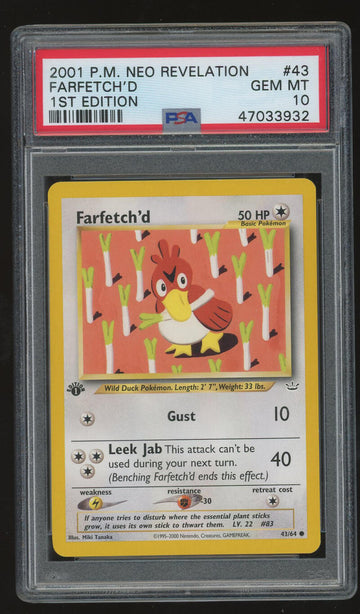 2001 P.M. Pokemon Neo Revelation - Farfetch'd - 1st Edition - PSA 10 GEM MINT