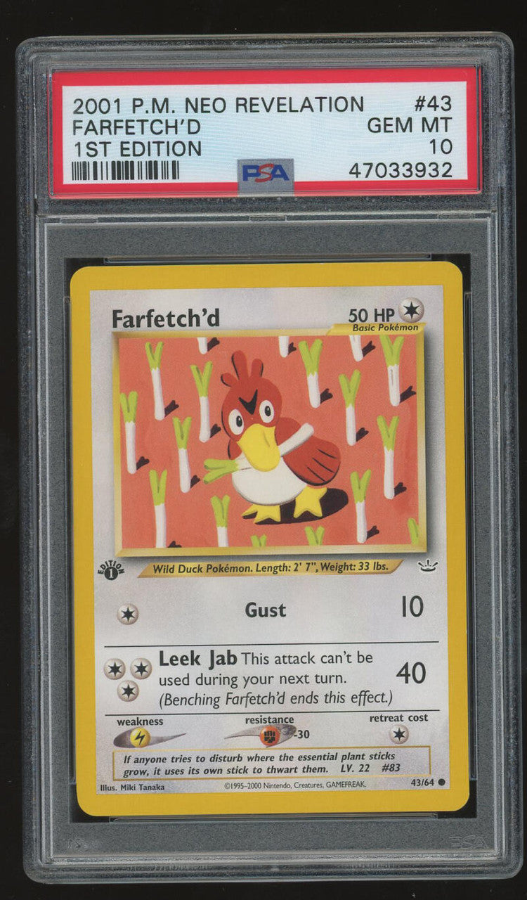 2001 P.M. Pokemon Neo Revelation - Farfetch'd - 1st Edition - PSA 10 GEM MINT