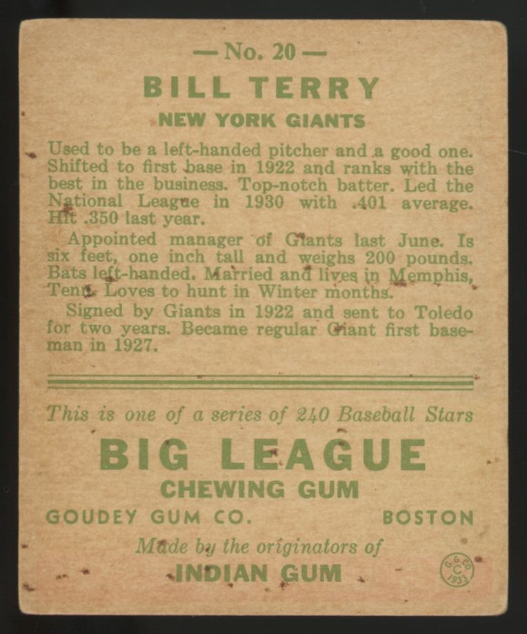 1933 Goudey Bill Terry #20 VG