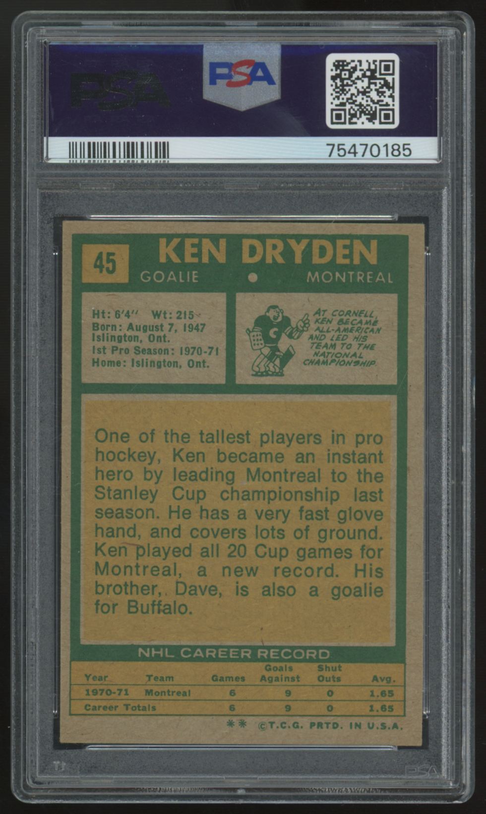 1971-72 Topps Ken Dryden RC #45 PSA 6