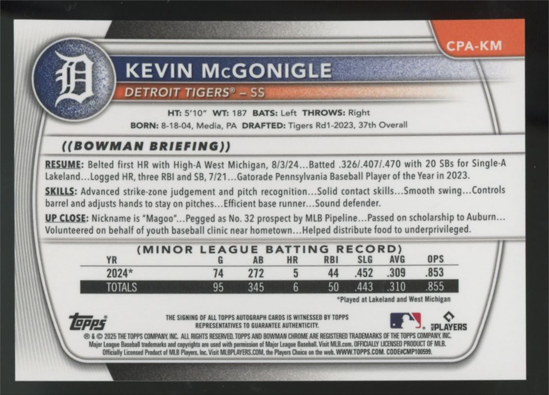 2025 Bowman Chrome Kevin McGonigle 1st Prospect Auto #CPA-KM