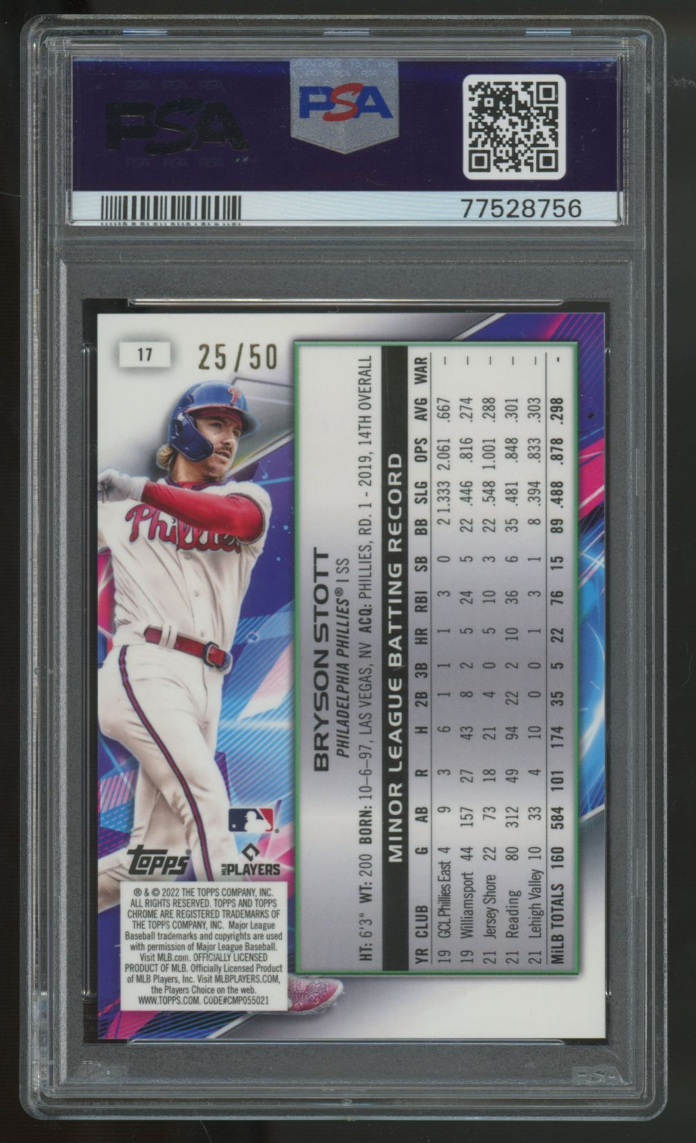 2022 Topps Chrome Cosmic Bryson Stott RC Gold Interstellar Refractor /50 PSA 10