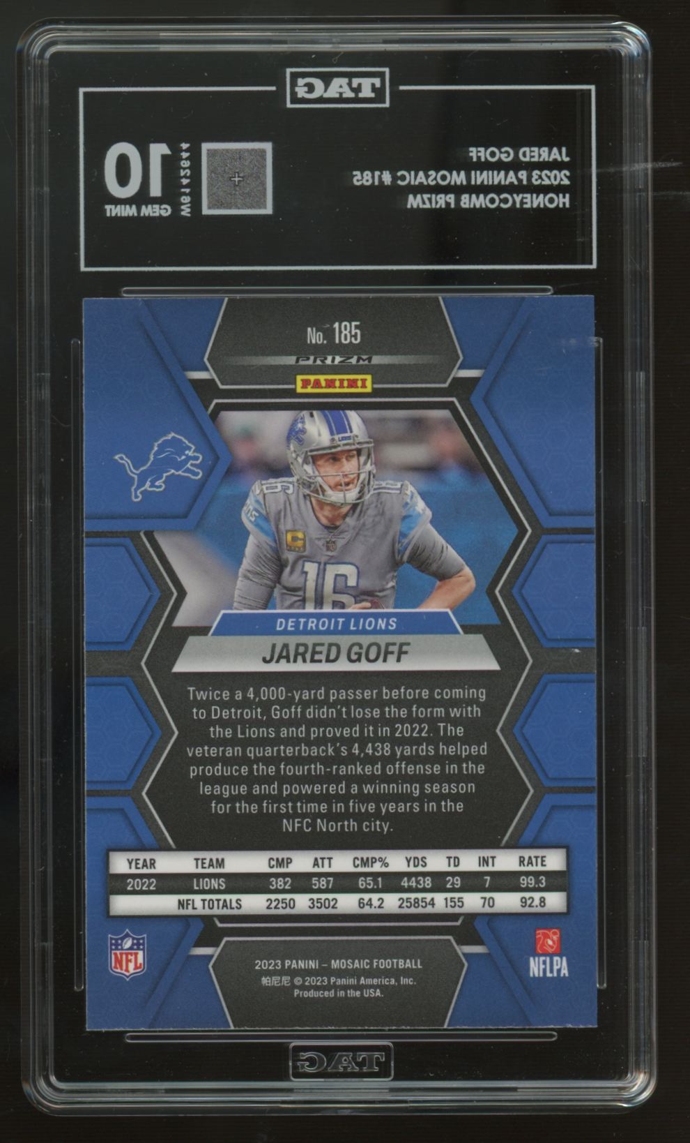2023 Panini Mosaic Jared Goff Honeycomb Prizm SSP #185 TAG 10