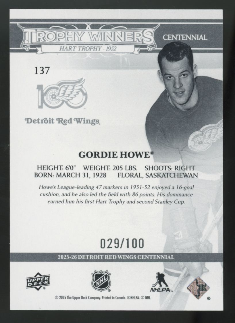 2025-26 UD Detroit Red Wings Centennial Gordie Howe Trophy Winners /100 #137