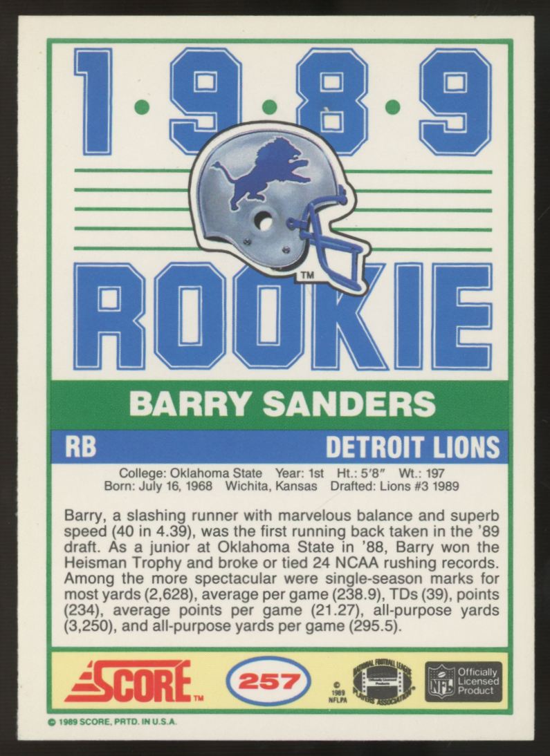 1989 Score Barry Sanders RC #257 NM "G"