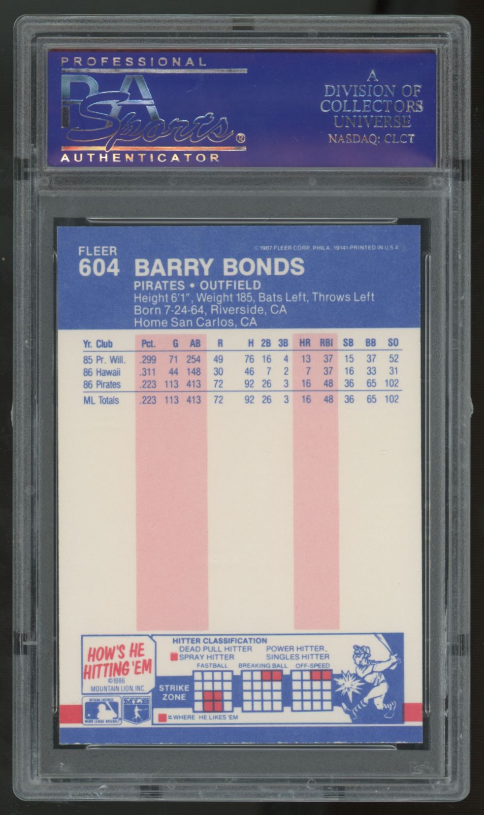1987 Fleer Barry Bonds RC #604 PSA 9 *895