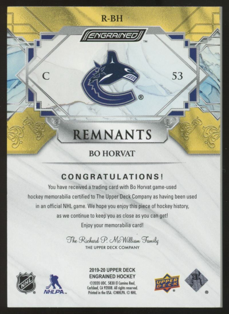 2019-20 Upper Deck Engrained Bo Horvat Remnants Relic /100 #R-BH