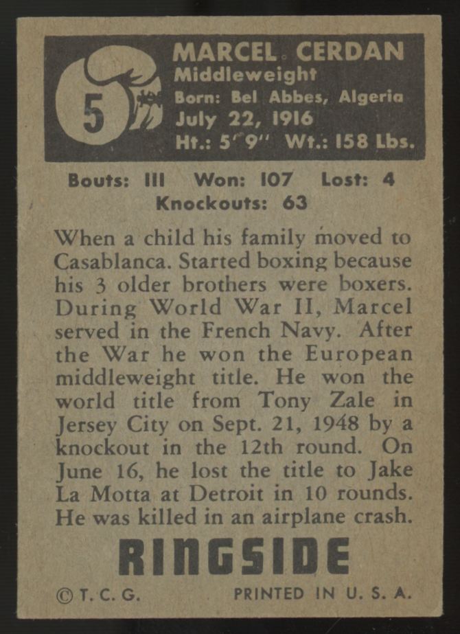 1951 Topps Ringside Marcel Cerdan #5 EX