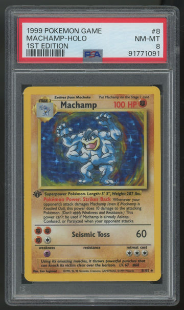 1999 Pokemon Machamp 1st Edition Base Set Holo #8 PSA 8