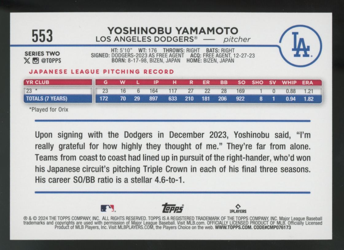 2024 Topps Series Two Yoshinobu Yamamoto RC Yellow Border #553