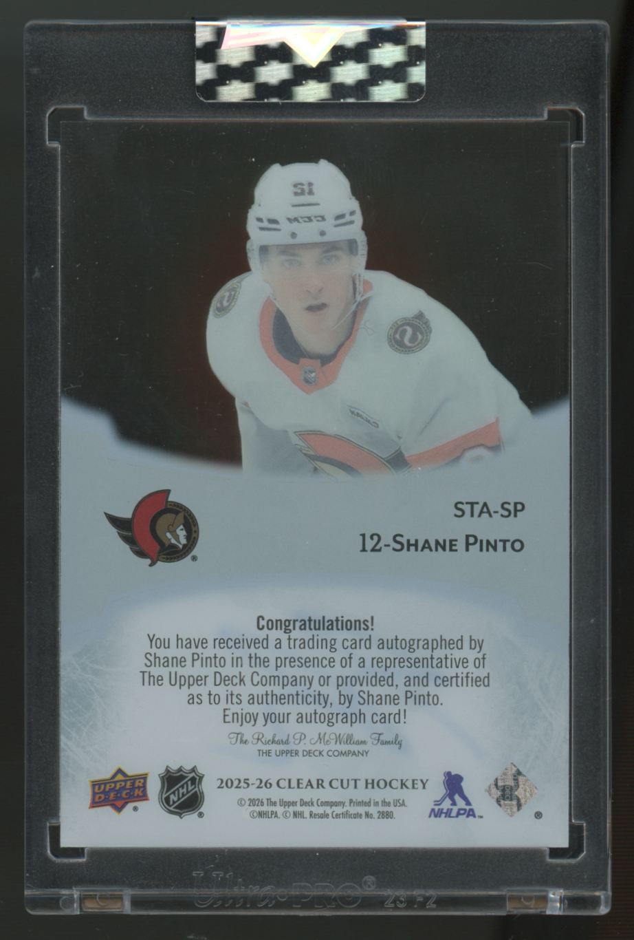 2025-26 Upper Deck Clear Cut Shane Pinto Auto Sign of the Times Auto #STA-SP