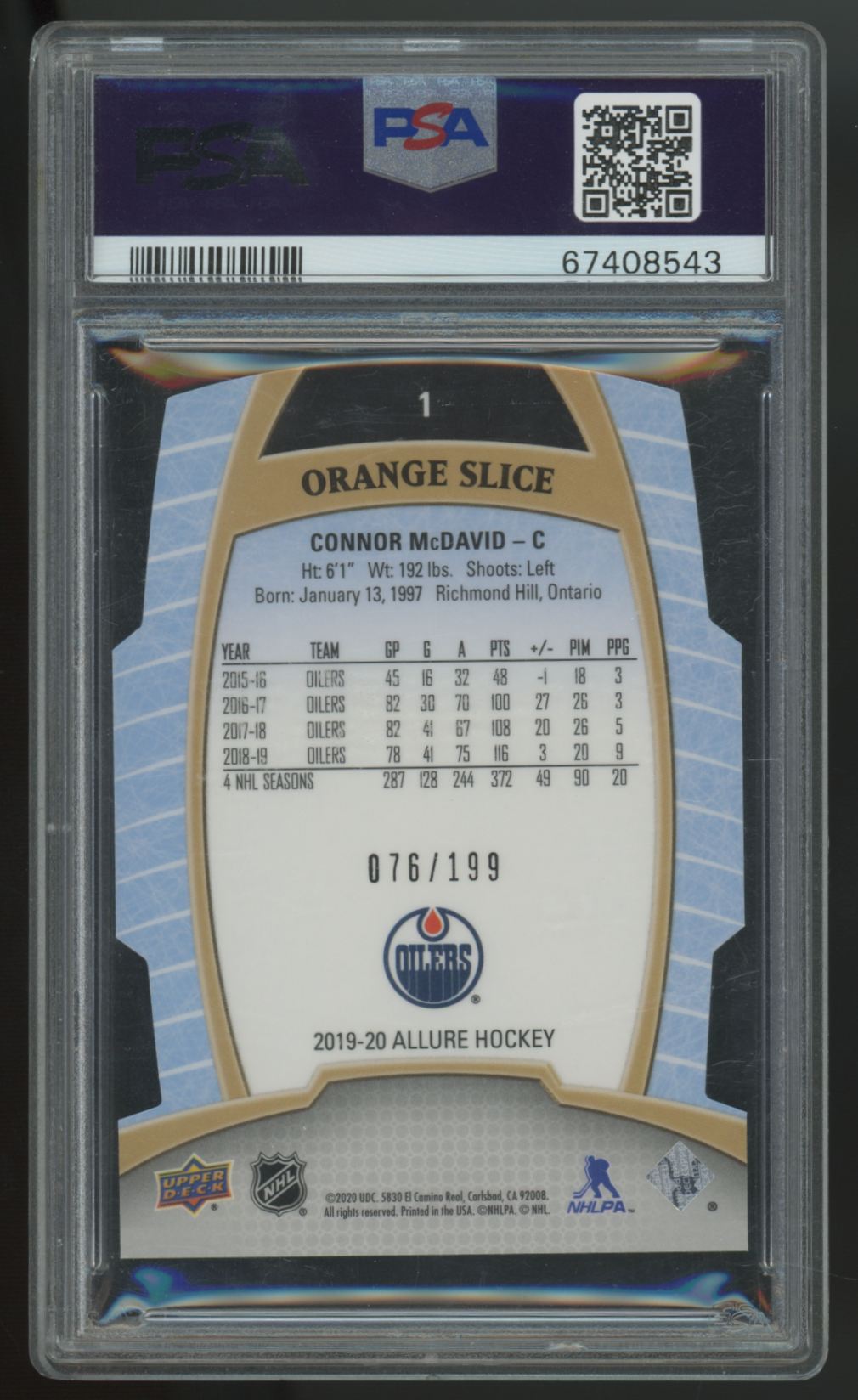 2019-20 Upper Deck Allure Connor McDavid Orange Slice /199 #1 PSA 9