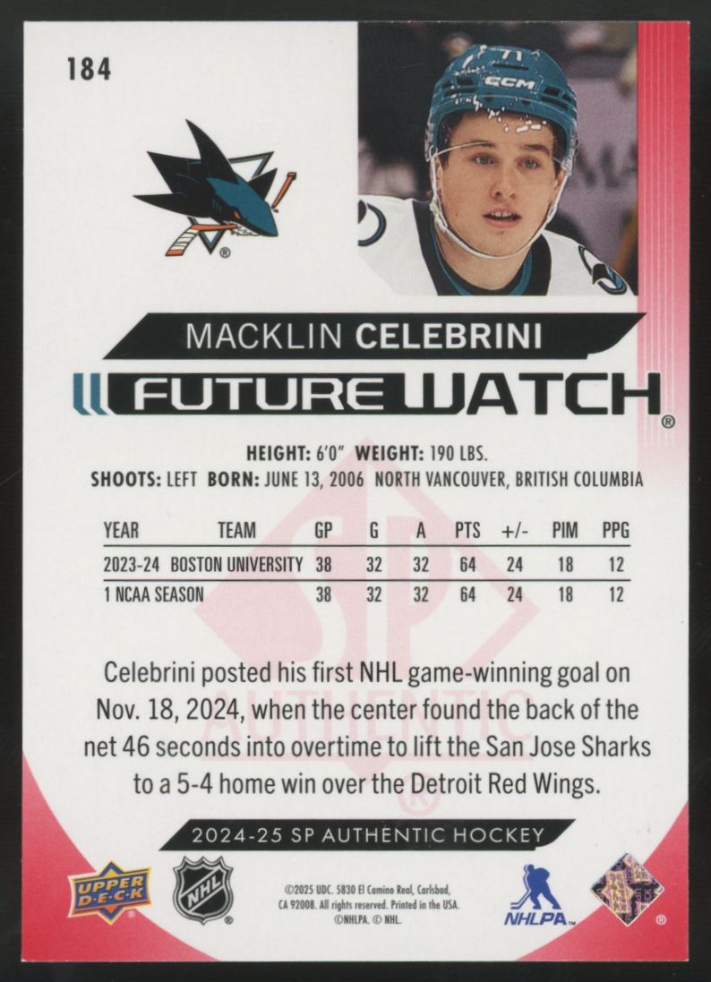 2024-25 Upper Deck SP Authentic Macklin Celebrini RC Limited Future Watch Red