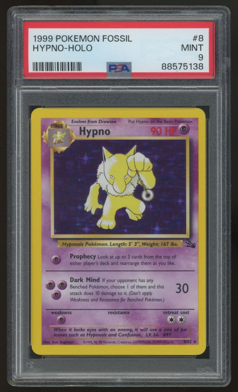 1999 Pokemon Hypno Fossil Unlimited Holo #8 PSA 9