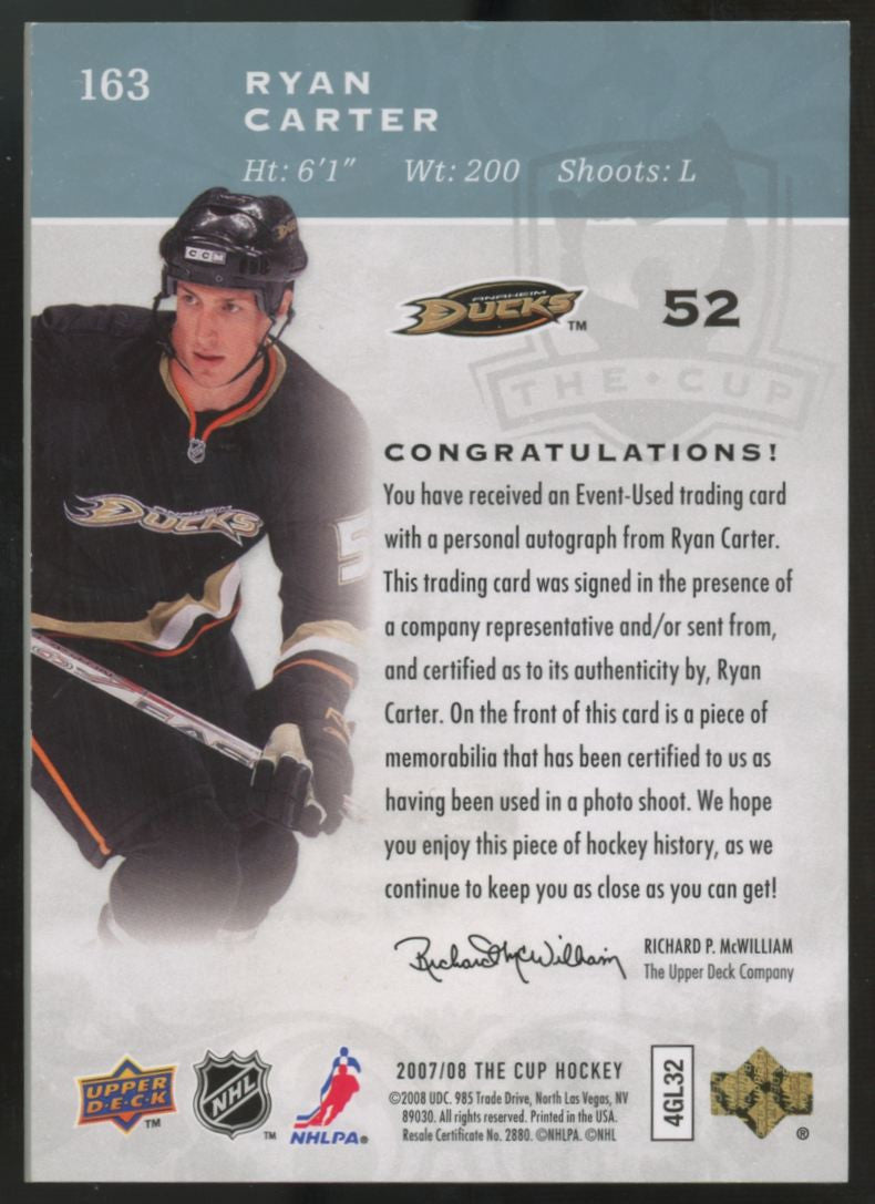 2007-08 Upper Deck The Cup Ryan Carter RC Patch Auto RPA /249 #163 "A"