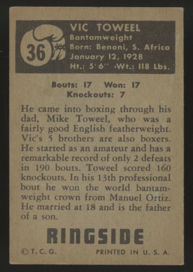 1951 Topps Ringside Vic Toweel #36 EX