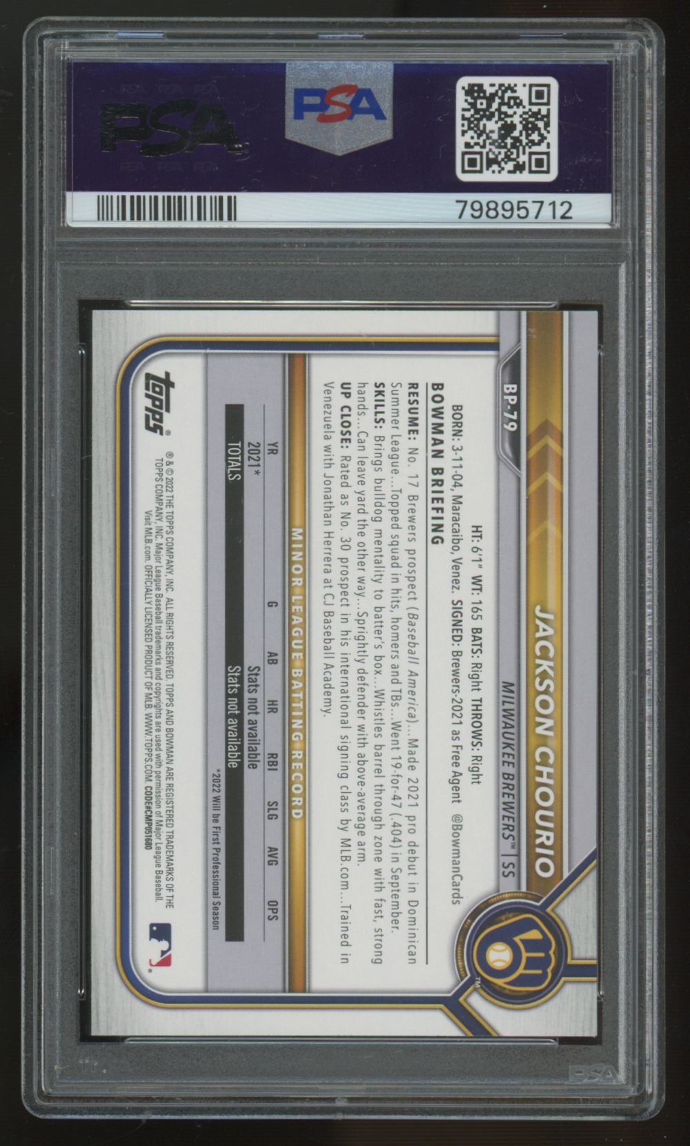 2022 Bowman Jackson Chourio 1st Paper Prospects #BP-79 PSA 10 "A"