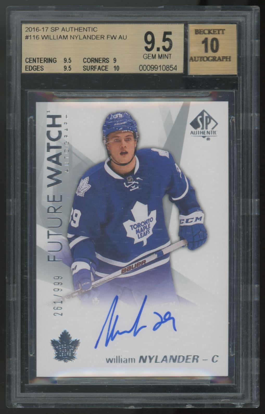 2016-17 UD SP Authentic William Nylander RC Future Watch Auto /999 BGS 9.5 10