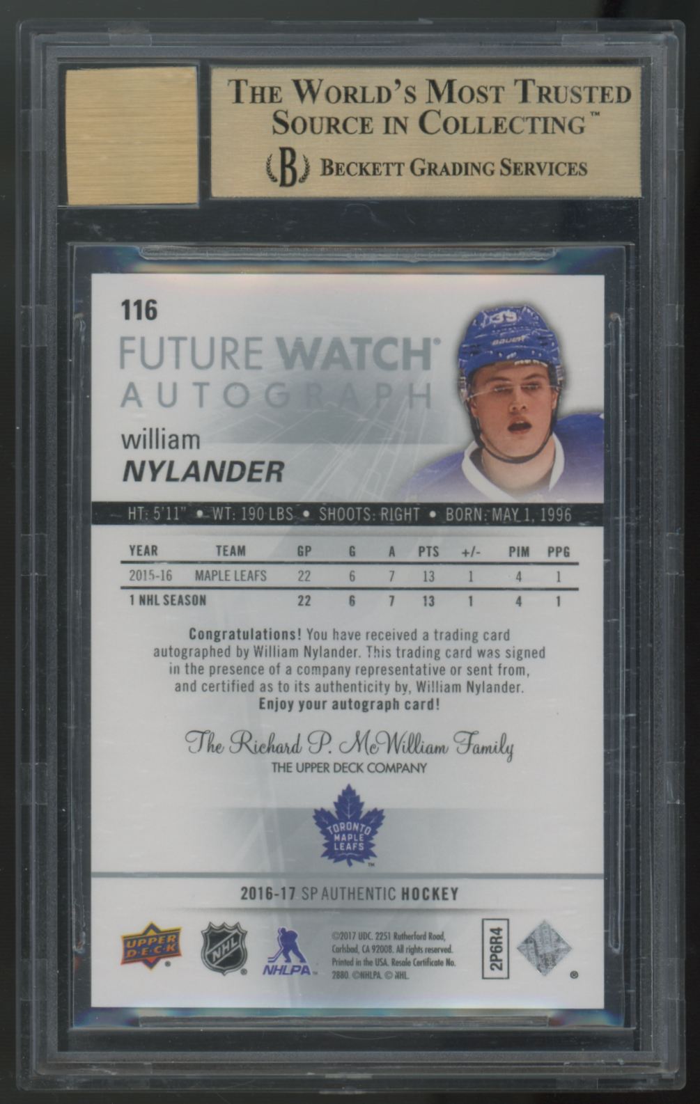 2016-17 UD SP Authentic William Nylander RC Future Watch Auto /999 BGS 9.5 10