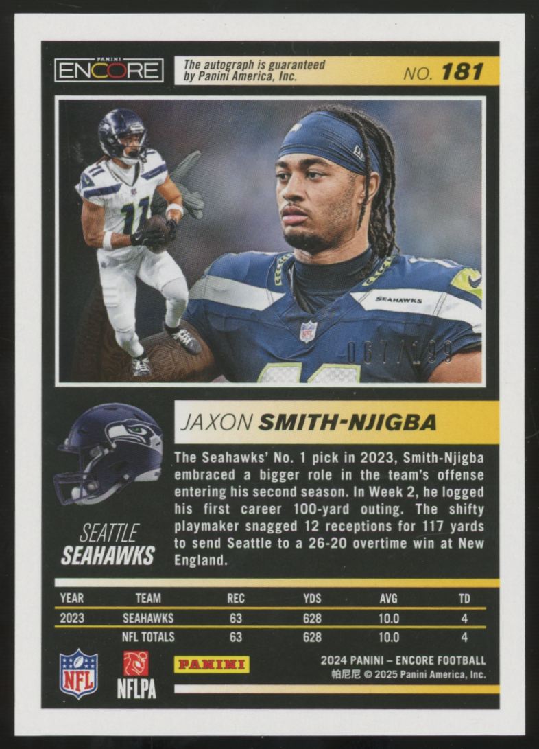 2024 Panini Encore Jaxon Smith-Njigba Pinnacle Auto /199 #181