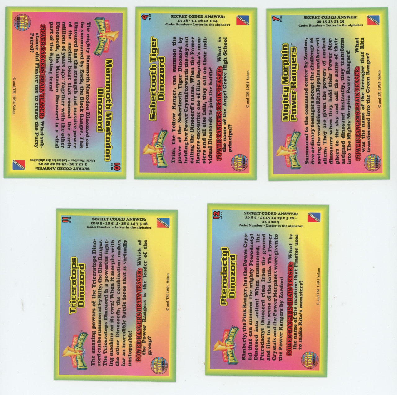 1994 Saban Power Rangers Power Foil Subset Near Complete (11/12) NM