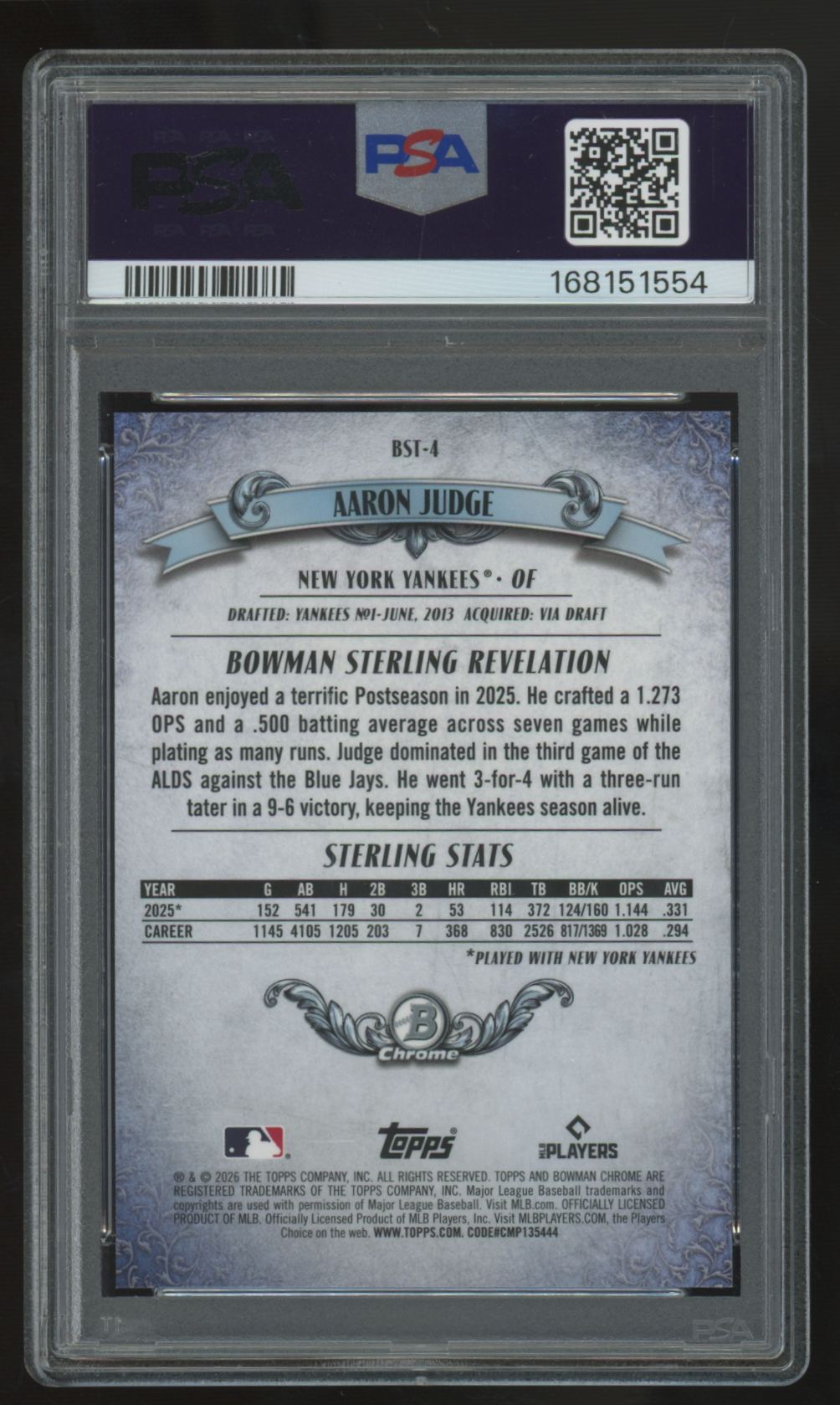 2026 Bowman Chrome Aaron Judge Sterling Aqua /125 #BST-4 PSA 9