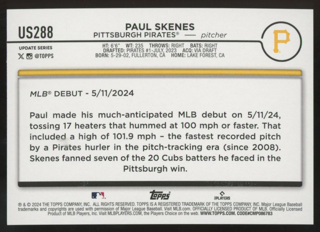 2024 Topps Update Paul Skenes RC Debut Holiday #US288