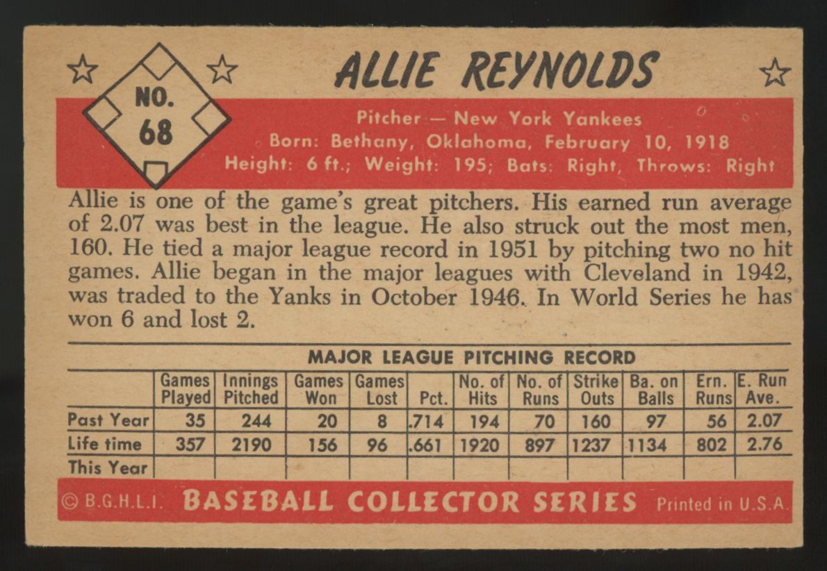 1953 Bowman Color Allie Reynolds #68 Good
